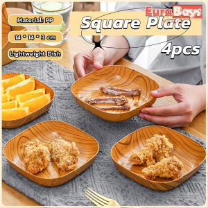E.B. 4pcs Plate Set Kitchenware Plastic Wooden Design Square Snack Tableware Kitchen Supplies