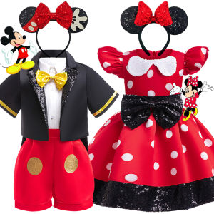 Disney Minnie Mouse Girls Polka Dot Bow Princess Dress Boys Kids Mickey Mouse Halloween Carnival Party Performance Clothing Suit