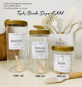 Toples Bumbu Dapur Estetik Tutup GOLD 1300 1000 600 ml - FREE Stiker & Sendok Kayu