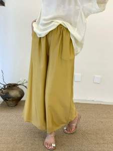 Oriental New Chinese Style Women Lyocell Wide Leg Casual Daily Trousers Mustard Yellow M