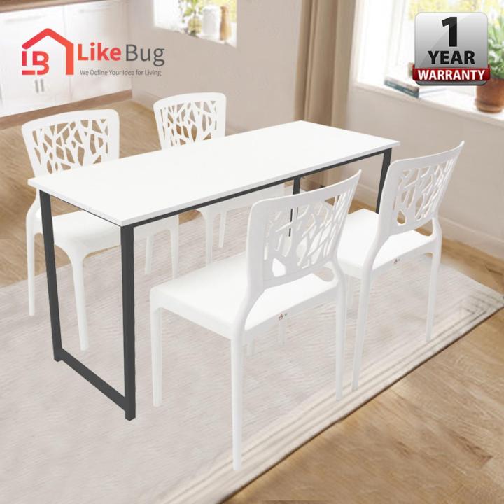 LIKEBUG [120x60] Contemporary Dining Table Black Steel with 4 White 3V