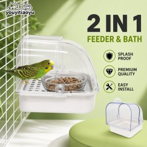 Bird Cage Feeder Bath Box Wall Mounted No Spill Plastic Food Water Cup Easy Clean For Parrot Hamster