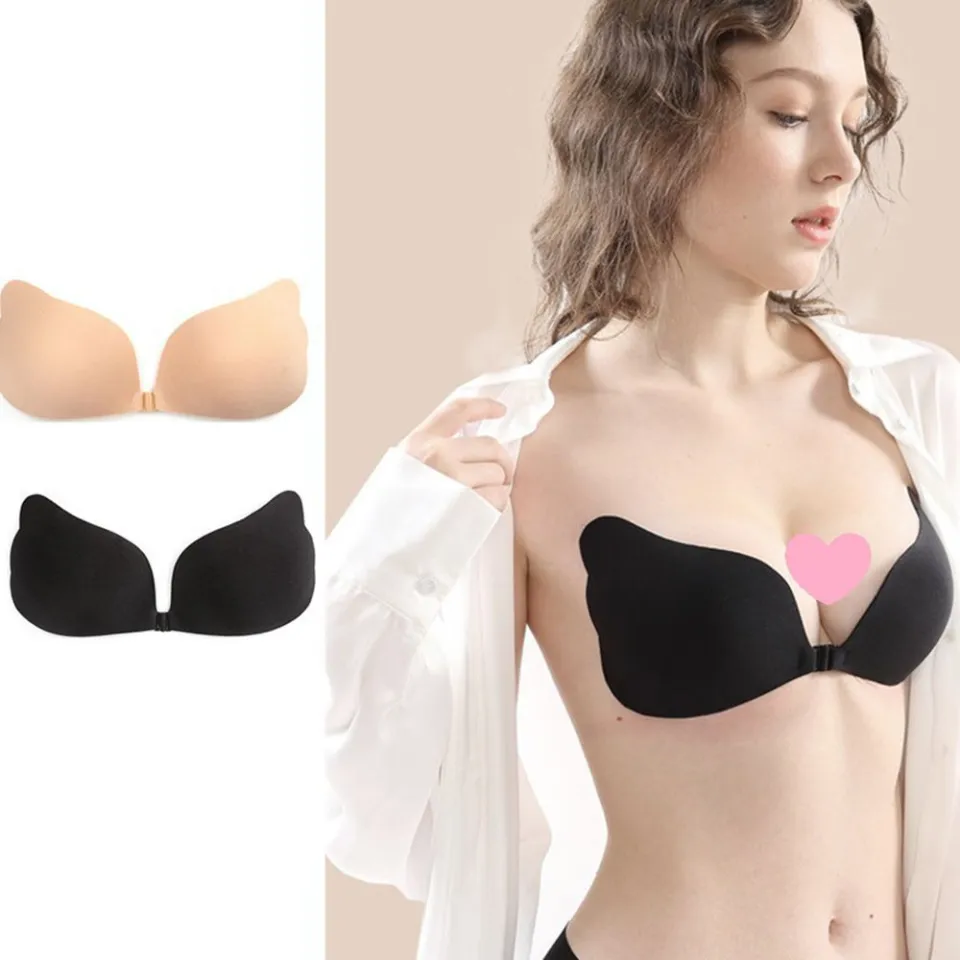 Women's Bra, Black Sexy Sticky Bra Invisible Bra Plunge Push Up Adhesive Bra  Strapless Backless Bra With Front Buckle Closure