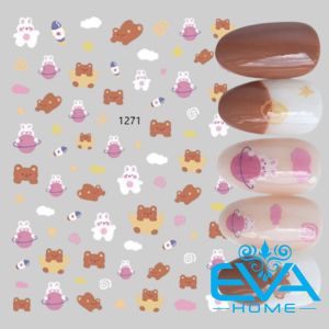 Sticker Dán Móng Tay 3D Dạng Decal Dán Chống Nước Hoạ Tiết Hoạt Hình Gấu Nâu Và Thỏ Trắng Du Hành Vũ Trụ JO1271