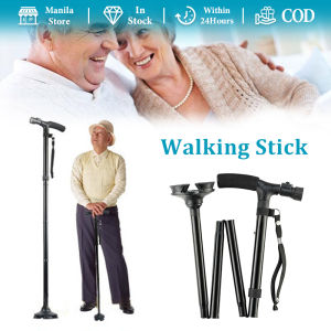 Folding Walking Cane Portable Walking Stick Height Adjustable with LED Light and Pivoting Quad Base for Arthritis Disabled and Elderly