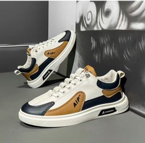 Colorblock low-top casual sneakers White blue and gray contrast trendy sports shoes AIP colorblock casual shoes Light sports style contrast sneakers Multicolor stitching lace-up casual shoes Letter-decorated low-top sneakers