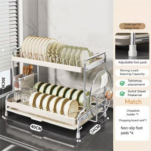 Dish Rack Household Drain Rack With Wooden Handle Removable Tray Carbon Steel Kitchen Tableware Storage Desktop Storage Rack