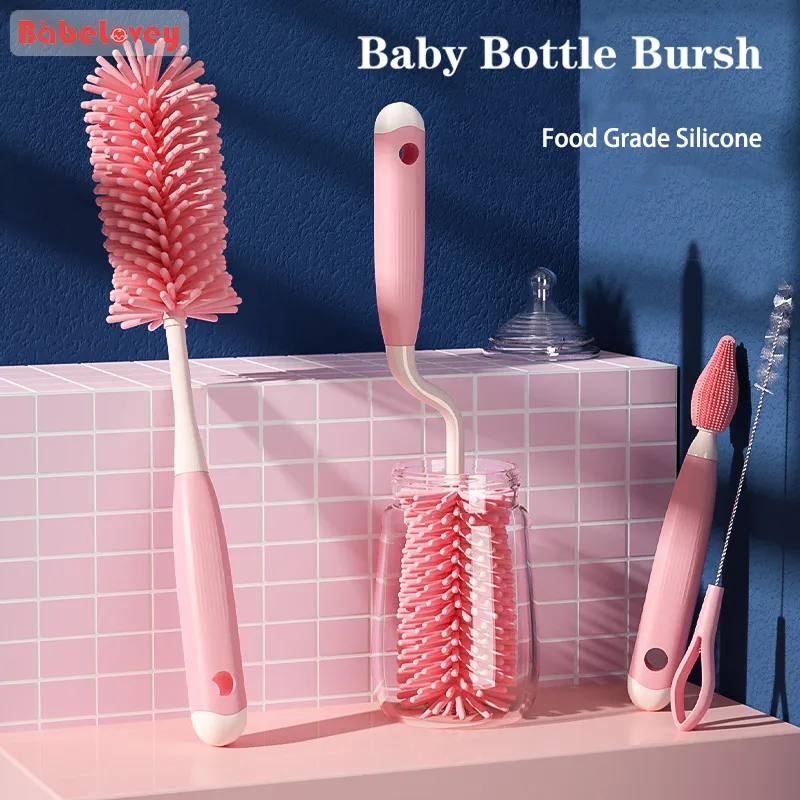 3pcs Baby Bottle Brush Set Pacifier Bottle Brush Food Grade Soft Silicone 360 Degree Cleaning Milk Bottle Cleaning Brush