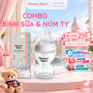 COMBO Bình Sữa Ty Siêu Mềm Tự Nhiên Tommee Tippee Natural Start 260ml & Núm ty silicon thay thế 6M+