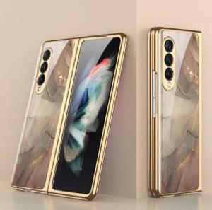 FLOVEME Marble Pattern Glass Phone Case For Samsung Galaxy Z Fold 4 5G Luxury Plating Frame Ultra Thin Hard Back Cover For Galaxy Z Fold 4