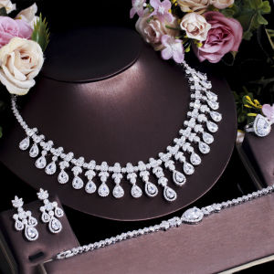 SEQUITO Luxury Fashion Wedding Bridal 4pcs Jewelry Set Full Micro Pave Tiny AAA CZ Diamond Water Drop Pendant Necklace Ring Bracelet Earrings for Bride SJ237