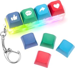 Keyboard Fidget Toys Finger Fidget Clicker Keychain with LED Light and 4 Replaceable Keycaps Decompression Toys for Autism Stress Relief (ICON 4 in 1)