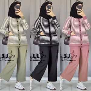 LD 110 120 130CM XL XXL XXXL ONE SET SHAZIA JUMBO ONE SET KOMBINASI SALUR SETELAN WANITA CELANA CARGO//ONE SET WANITA TERBARU KEKINIAN STRIP