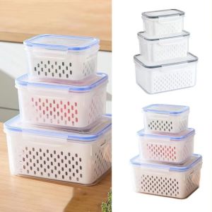 SOULLOV 3Pcs/Set Draining Food Storage Containers Stackable Double Layer Fruit Storage Containers Multifunctional Space Saving Produce Containers Meal Prep