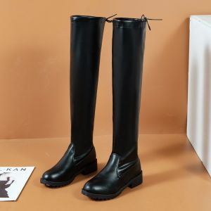 Size 35-42 Black Soft Leather Over the Knee boots for Women low Heels Versatile Elastic Boots