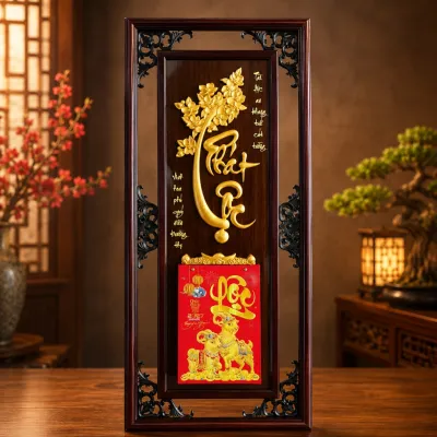[Lịch Đúc Nổi] Lịch treo tường 2027 chữ Phát Lộc khung gỗ tràm tượng đúc nổi mạ vàng gắn sẵn lịch