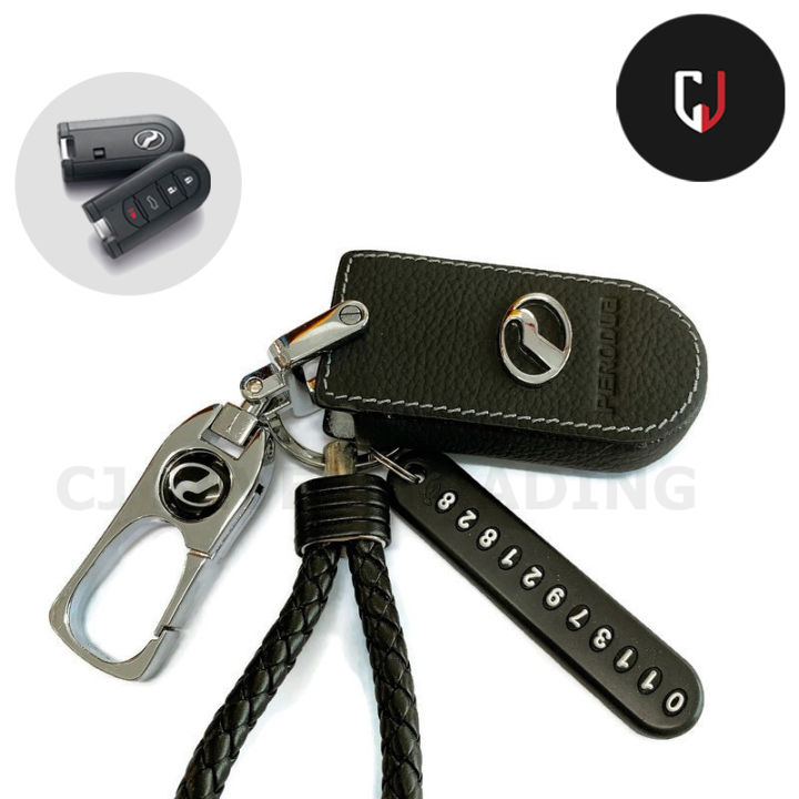 MOOGU Perodua Bezza Myvi Aruz Keyless Remote Car Key Leather Protection  Key Cover Casing with Logo Wording Keychain Number Chain