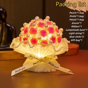 Flowers Bouquet Gift Girlfriend Mother Birthday 7PCS Eternal Rose Glass Dome With LED light and gift bag Greeting Card Room Decor Christmas Valentines Mothers Day Gift
