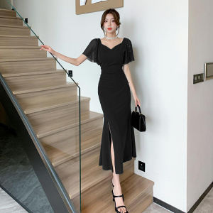 Impression Fashion Women Elegant Korean Plain V-neck Short Sleeve Bodycon High Waist Split Fishtail Long Evening Dress