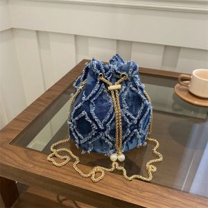 Túi đeo chéo denim ngọc trai cầm tay Chuỗi ví nhỏ Tua túi đeo chéo denim Túi đeo chéo phong cách Hàn Quốc Túi xách vải đeo vai Bữa tiệc2026