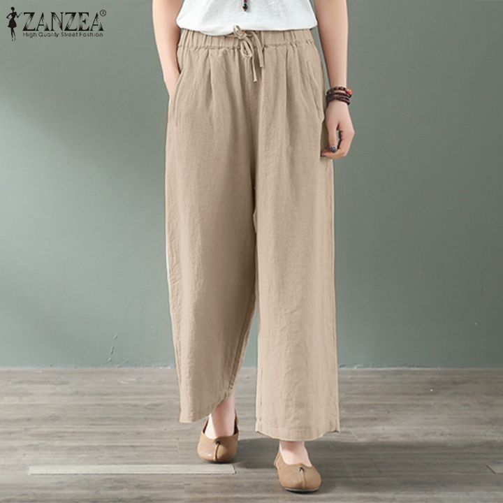 ZANZEA Women Elastic Waist Plain Trousers Summer Casual Loose Long