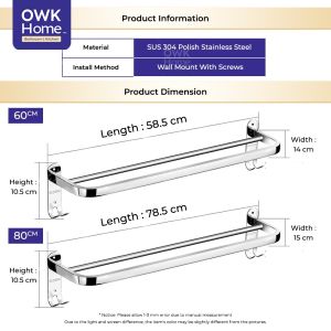 SUS 304 Stainless Steel Towel Racks | Double Towel Bar Towel Hanging Rod/Rail | Bathroom Towel Bar | Gantung tuala | [60cm-80cm] 🔥Ready Stock🔥 100% SUS 304 Stainless Steel Towel Rack | Double Towel Bar | 不銹鋼毛巾架 | Double Towel Bar | Towel