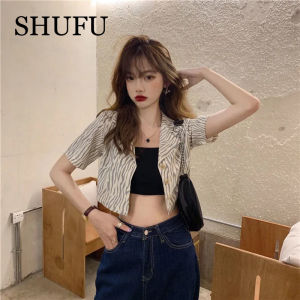 SHUFU 2602 Ready Stock blazer for women korean style croptop sale plus size formal fashion short sleeve cardigan stripe jacket