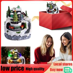 【New Arrival】 Resin Garden Ornament Light Up Musical Christmas Village Figurines Village Rotating Statue Indoor Display Figurines Decoration