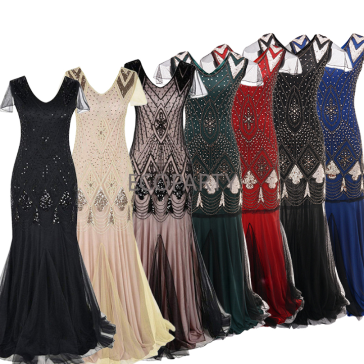 Women 1920s Great Gatsby Dress Long 20s Flapper Vintage V-Neck Sequins  Beads Maxi Party Dress Mesh Prom Gown Elegant Dress | Lazada PH