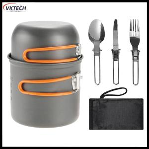 【Vktech】 Outdoor Pot Tableware Kit Aluminum Alloy Camping Cooking Set with Handle Travel Cutlery Utensils for Camping 1-2 Persons 【1-3 days Delivery】