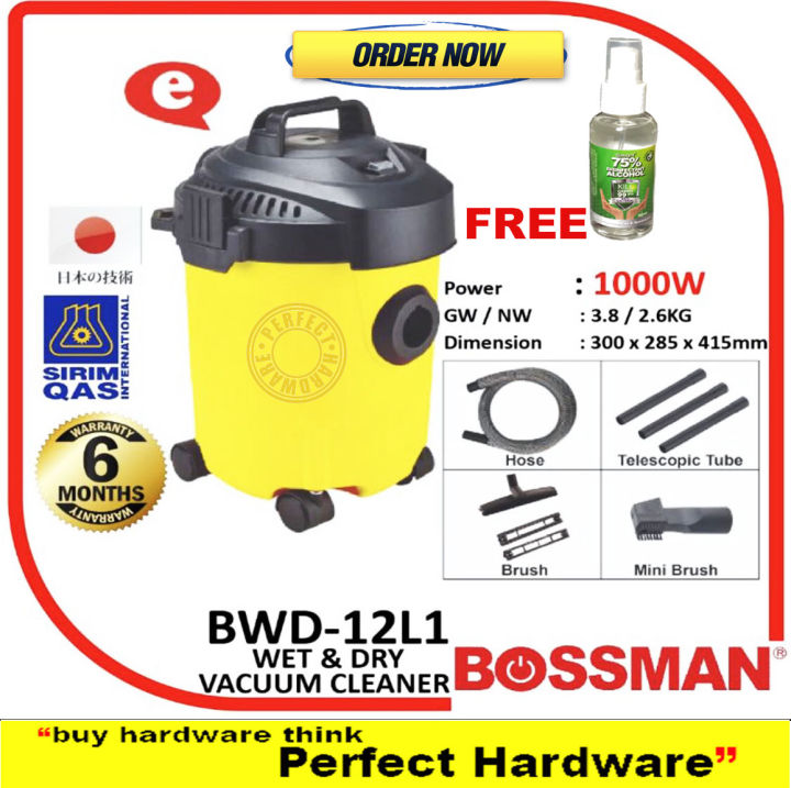 BOSSMAN [ 3 IN 1 ] 12L Dust & Water Vacuum Cleaner 1000W Wet & Dry