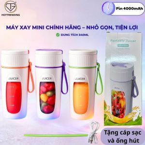 Máy Xay Sinh Tố Cầm Tay Mini Tích Điện JUICER Dung Tích 340ml - Công Xuất 50w Đi kèm 8 lưỡi Dao Nhỏ Gọn Sử Dụng Pin 4000mAh