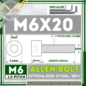 M6 6MM (1.0p) -10PCS Stainless 304 Allen Bolt Socket Head Cap screw / Allen Cap Bolt 08mm-100mm Length 1.0P Pitch High-Quality Corrosion-Resistant Per Piece