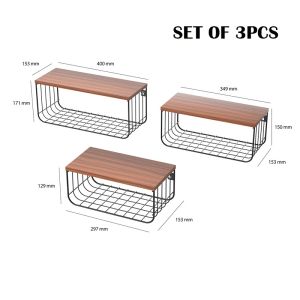 1 Set of 3pcs Wall Mounted Shelves 2Tier Decorative Shelf Storage Wall Shelves with Metal Baskets