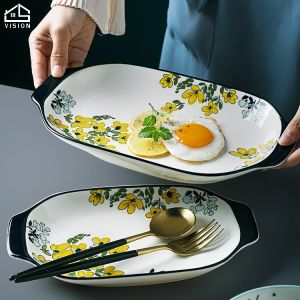 Vision Creative Ceramic Dinner plate Pastoral Style Baking Pan Tray With Handle Large Size Rectangular Fish Plate Microwave Oven Bakeware Non-Stick Casserole Plate