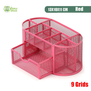 Threetrees อุปกรณ์ที่วางปากกาตั้งโต๊ะแบบตาข่ายกล่องจัดระเบียบโต๊ะอุปกรณ์อเนกประสงค์มี6ช่อง1ลิ้นชักสำหรับบ้านโรงเรียนห้องเรียน