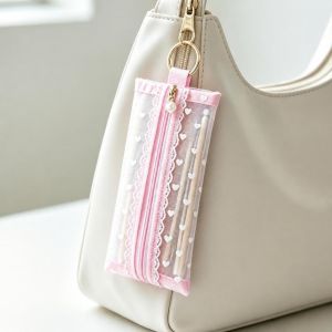 MAKERVY Lace Heart Mesh Student Pencil Case Large Capacity Pearl Pen Bag Durable Transparent Stationery Bag Students Gift