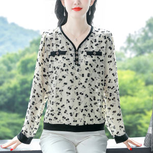 AMMIN 2024 Autumn New French Style V-neck Fashion Floral Print Western Style High-Grade Chiffon Shirt Womens Korean Style Long Sleeve Elegant Blouse