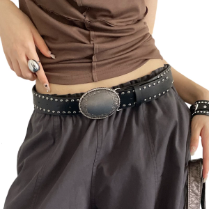 Carved Punk Style Womens Belt Adjustable Cowgirl PU Leather with Studded Rivets for Casual Outfits