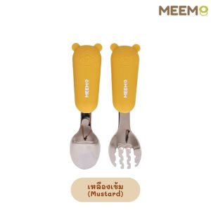 MEEM ช้อนส้อมเด็ก ปลายสแตนเลส ด้ามจับซิลิโคน ลายหมี รุ่น Little Bear ใช้สำหรับฝึกทานอาหารเอง (Colorful Series)