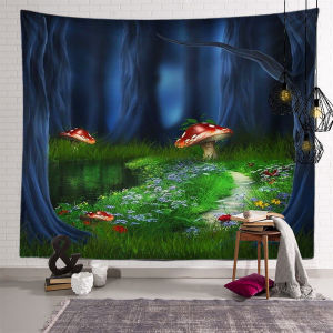 ใหม่สีน้ำเห็ดผ้าพรมสไตล์เมดิเตอร์เรเนียนหอพักพืชแฟนตาซีแขวนผ้าพื้นหลังสด