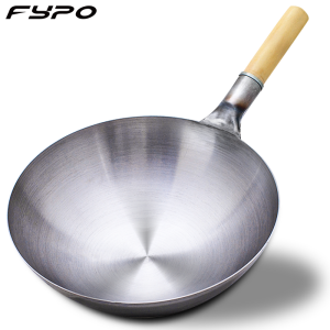 Fypo กระทะเหล็กทำมือพร้อมด้ามจับไม้กระทะเหล็กทรงโค้งมนก้นเหล็กแบบดั้งเดิมกระทะเหล็กไม่เคลือบกระทะแก๊สเตาเครื่องครัวกระทะผัด