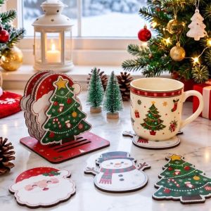 ZHITTY Anti-scald Christmas Coasters Set Snowman Wooden Nonslip Cup Mat Durable Novelty Desk Decoration Coasters Home Decor