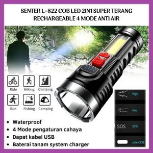 Senter L-822 COB LED 2in1 Super Terang COB Light 4 Mode Senter LED Jarak Jauh Lampu Penerangan Camping Piknik Hiking Rechargerable Anti Air - FR Gallery