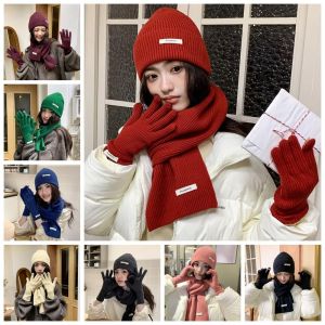 HEALMEYOU Solid Color Hat Scarf Gloves Set Warm Wool Thermal Knit Cap Neck Warmer Thickened Winter Beanie Hat Women/men