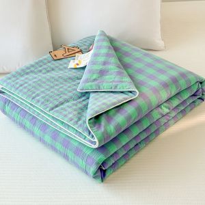 【Super low price】Japanese Style Plaid Summer Quilt Grade A Soft Skin Friendly Thin Duvet Soy Fiber Filling Breathable Air Conditioning Comforter