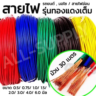 โปรลดพิเศษ สายไฟ /สายไฟรถ #เลือกขนาด 0.5 0.75 1.0 1.5 2.0 2.5 3.0 4.0 6.0 มิล (1ม้วน=30 เมตร) มอไซ น็อตแต่ง ชุดสี ซ่อมรถ สายไฟรถ สายไฟอ่อน สายไฟคู่ สายไฟรถยนต์ /สายไฟรถมอเตอร์ไซค์ แบบทองแดงเต็ม