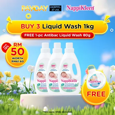 [Payday Exclusive] Nappikleen Newborn Liquid Wash 1KG x3 + Nappikleen Antibacterial Liquid Wash 80g