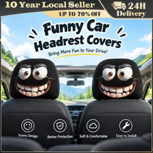 2PCS Funny Slanted Eyes Cartoon Print Car Headrest Cover for Halloween Christmas Holiday Automobile Interior Decoration