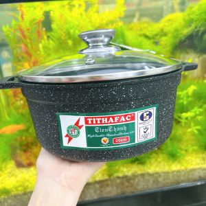 Nồi vân đá Tithafac chống dính - nồi nấu bếp từ  bếp hồng ngoại Cao Cấp có Nắp Kính